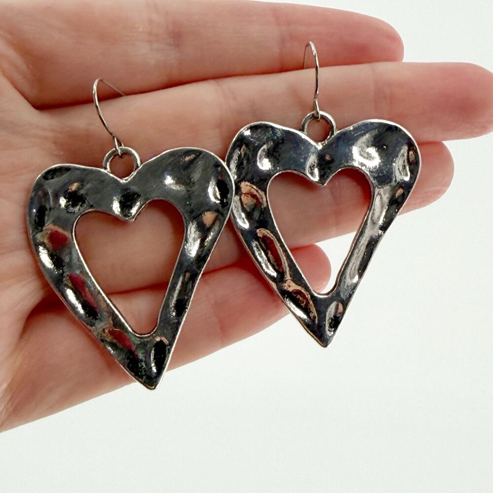 Silver Tone Open Heart Dangle Earrings Hammered Metal Lightweight Statement